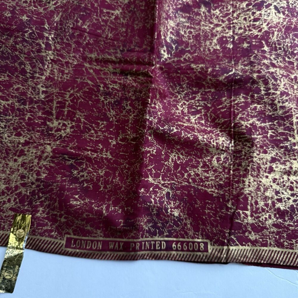 Vtg London Wax Printed Shimmery Gold Burgundy/Maroon Cote D'Voire Fabric 6ydx43"